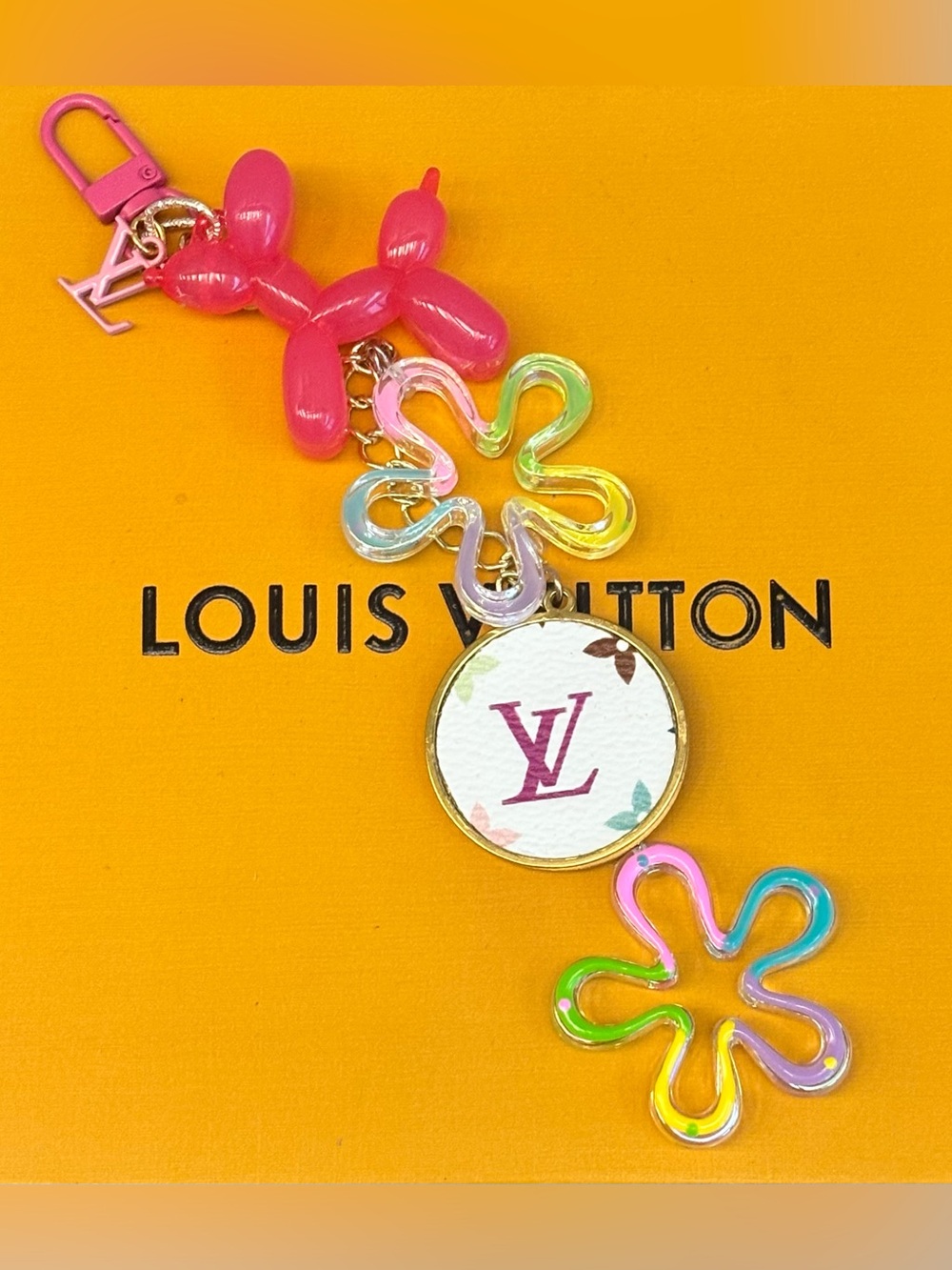 Louis Vuitton Bag Charm, monogram disc, LV Letter Charm, Pink Dog, flowers,